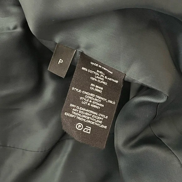 NWT! Theory | Cinched Belted Oslo Corduroy Trench Coat In Green | Size: Petite - Picture 7 of 11